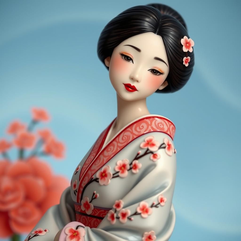 Enameled Glass Figurine of Japanese Woman in Kimono