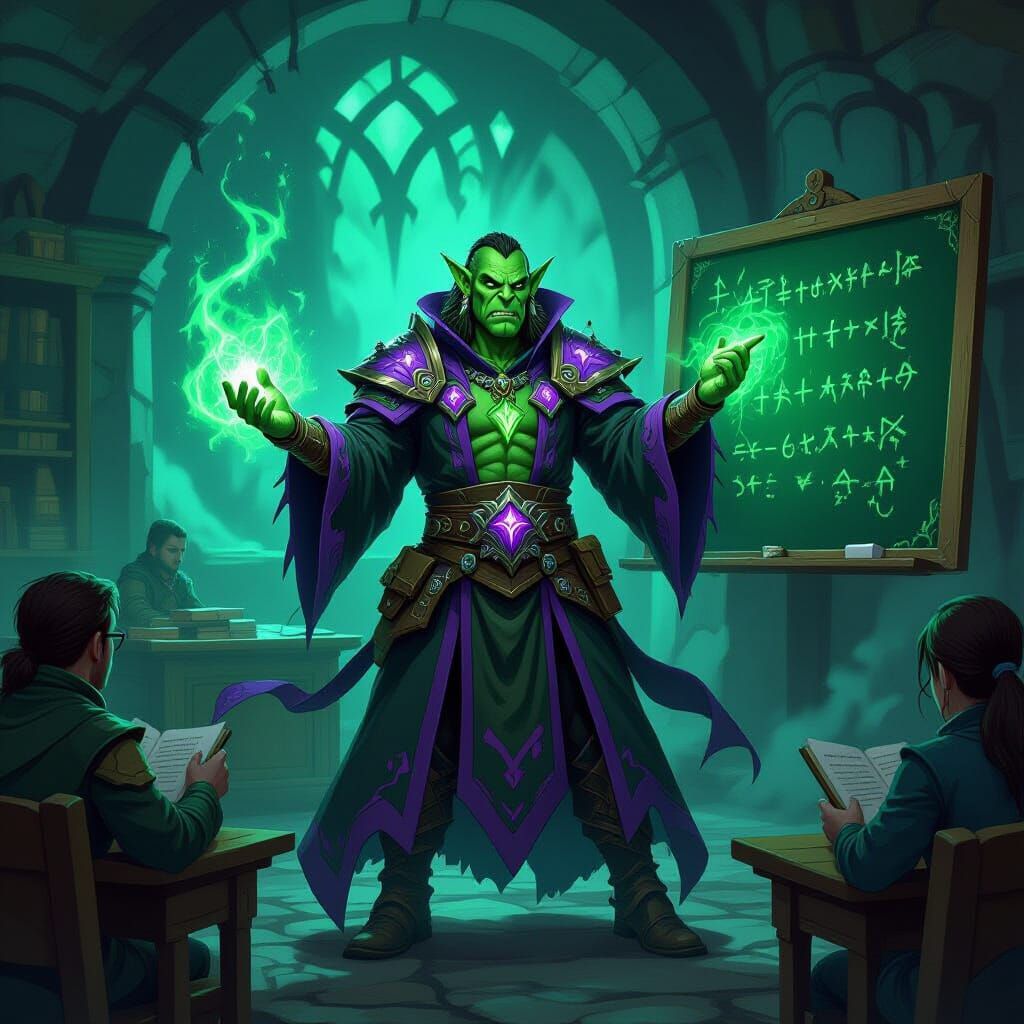 Orc Warlock Teaches Magic in a Dark Classroom