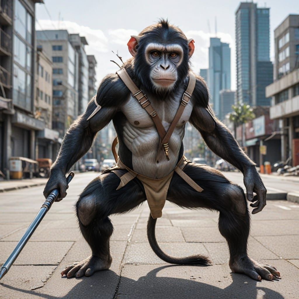 Cel-Shaded Monkey Warrior in Pastel Hues with Thick Black Li...