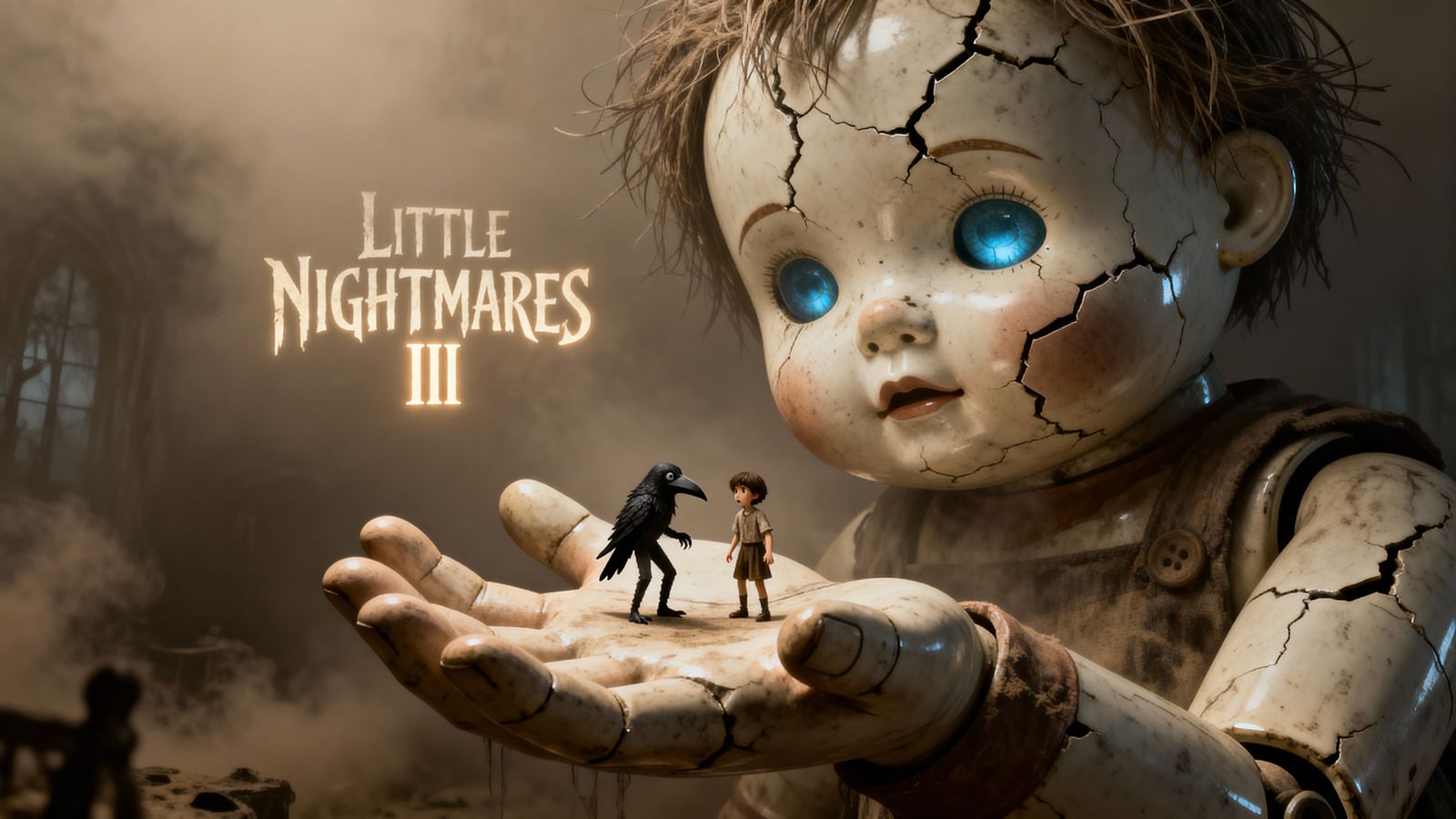 Giant Cracked Porcelain Doll Monster with Terrified Children