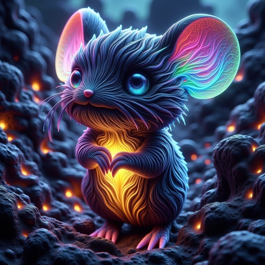 Chiaroscuro Chibi Mouse Silhouette with Iridescent Shadows a...