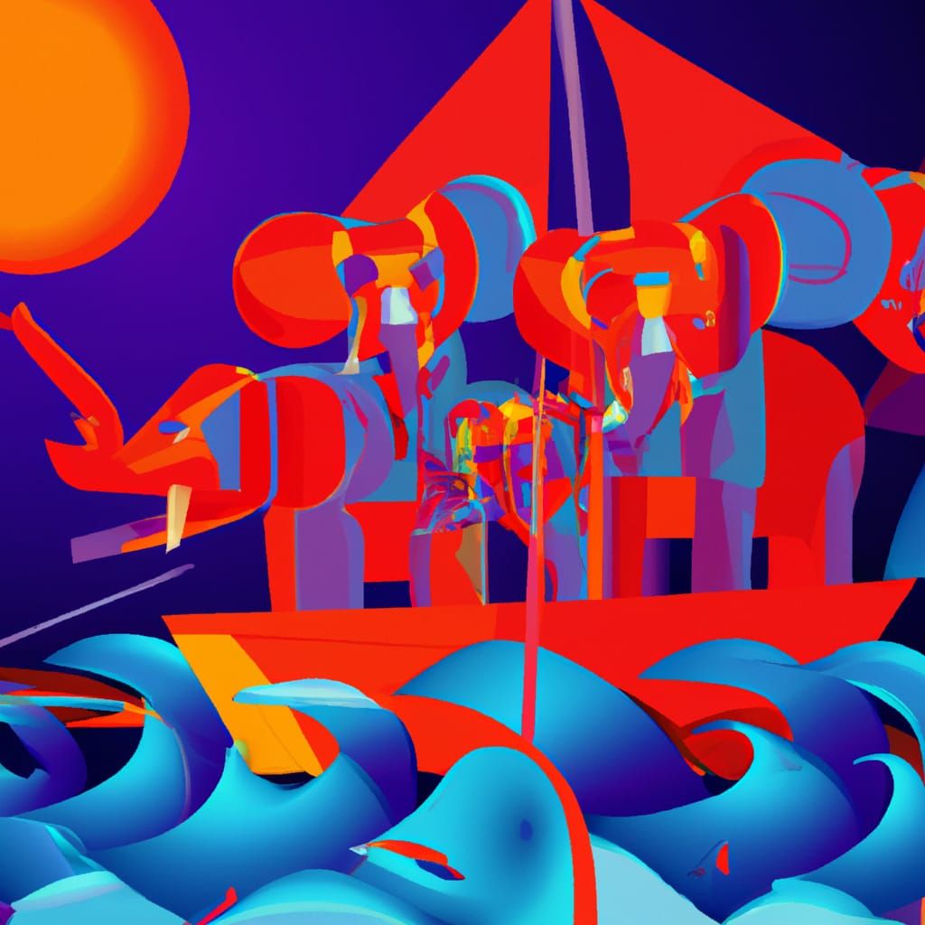 Elephants on a Boat: Cubist Art Deco Painting