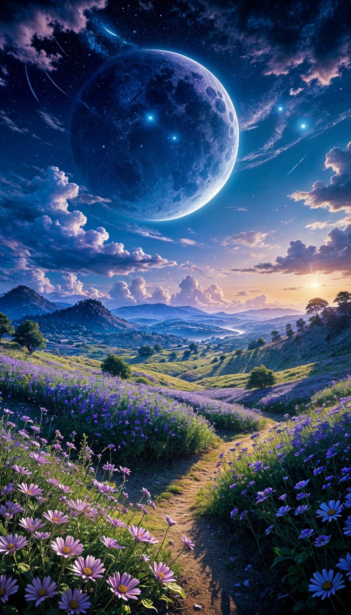 Gigantic Moonlit Wildflower Field Under Starlit Sky