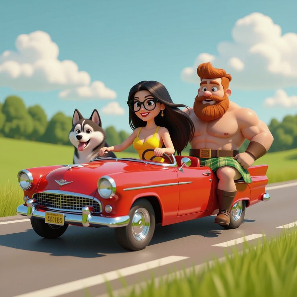 Pixar Style: Woman Driving with Man and Dog
