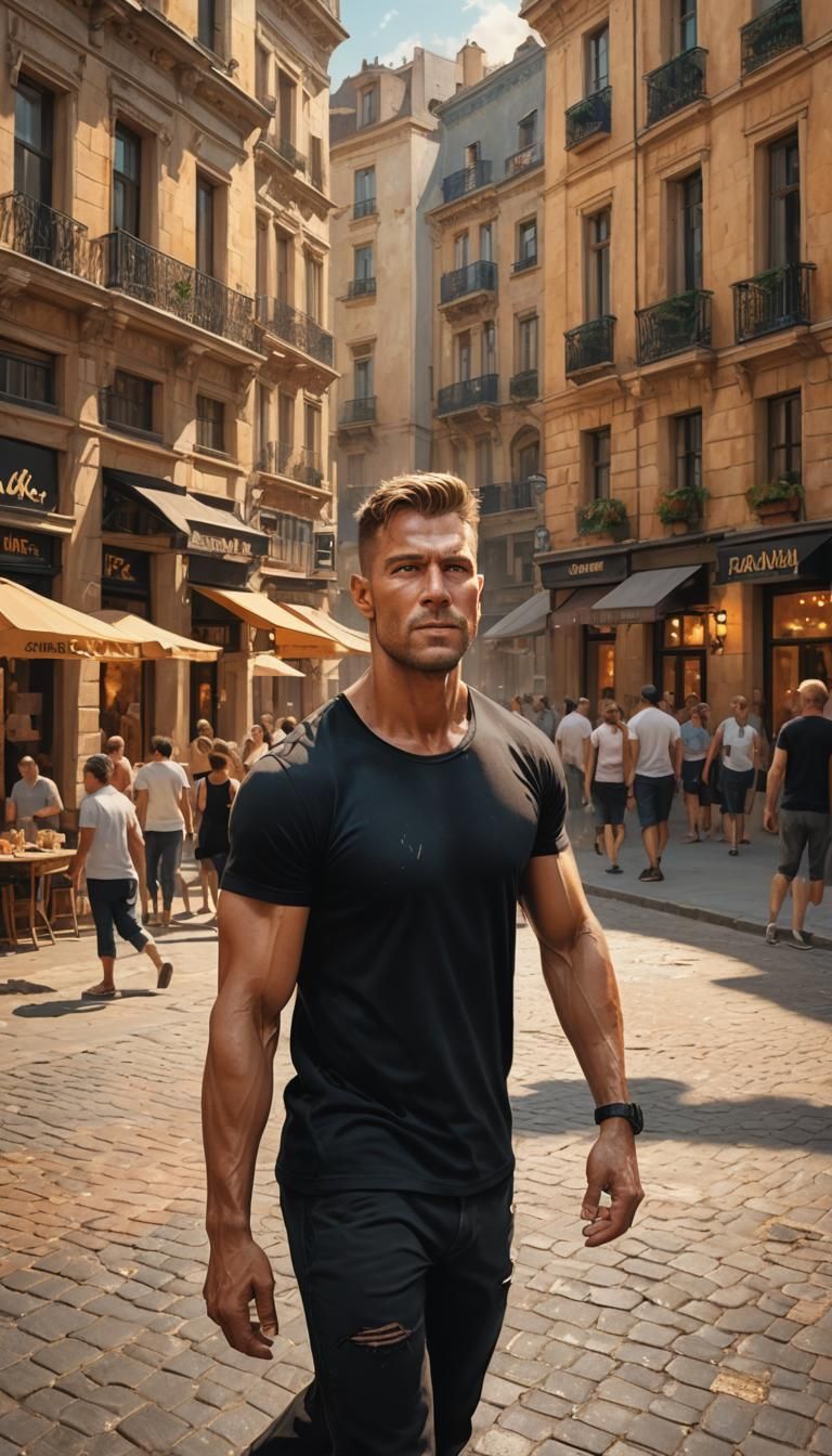 Muscular Man in Town Square: Hyperrealistic Splash Art