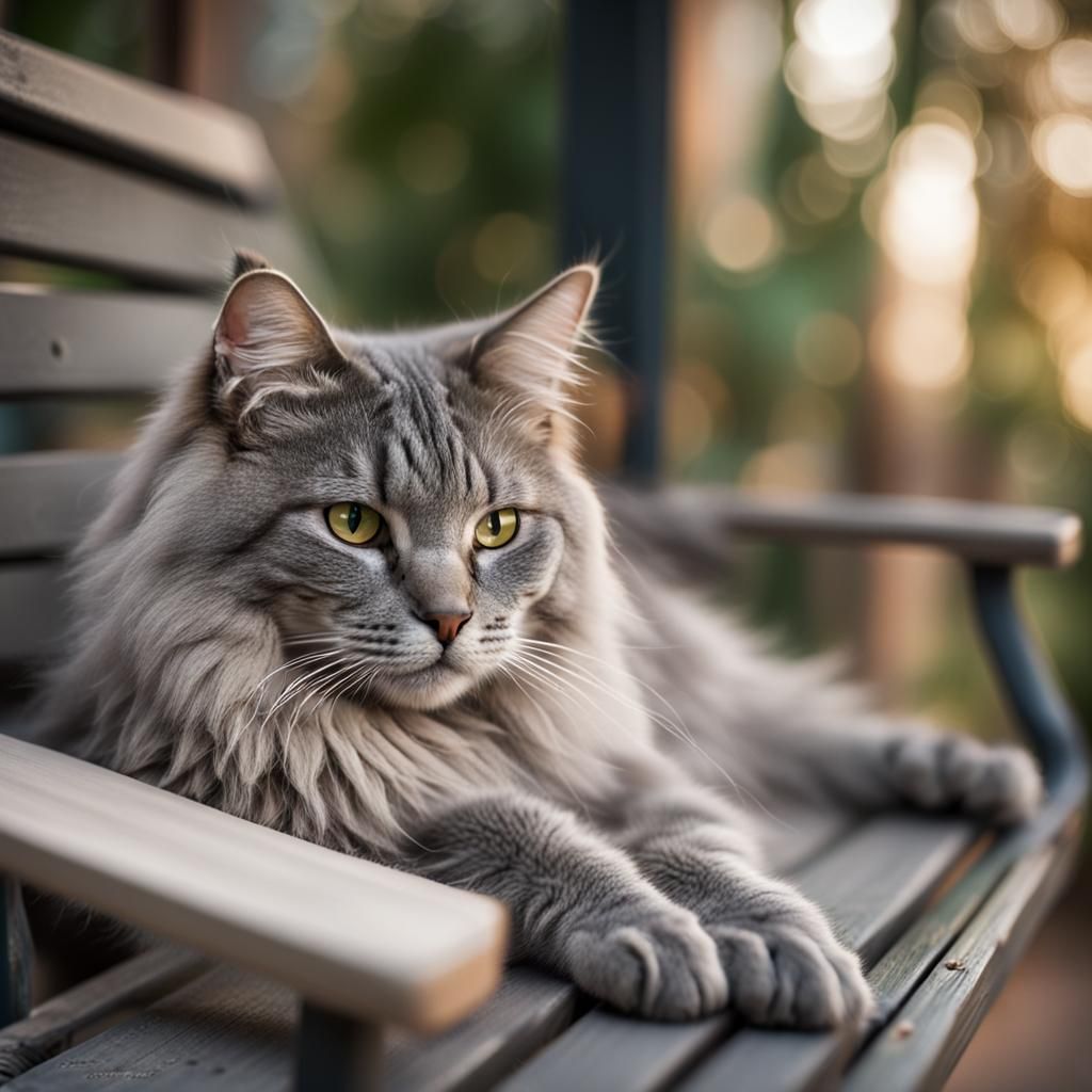 Relaxing Grey Cat on Porch Swing