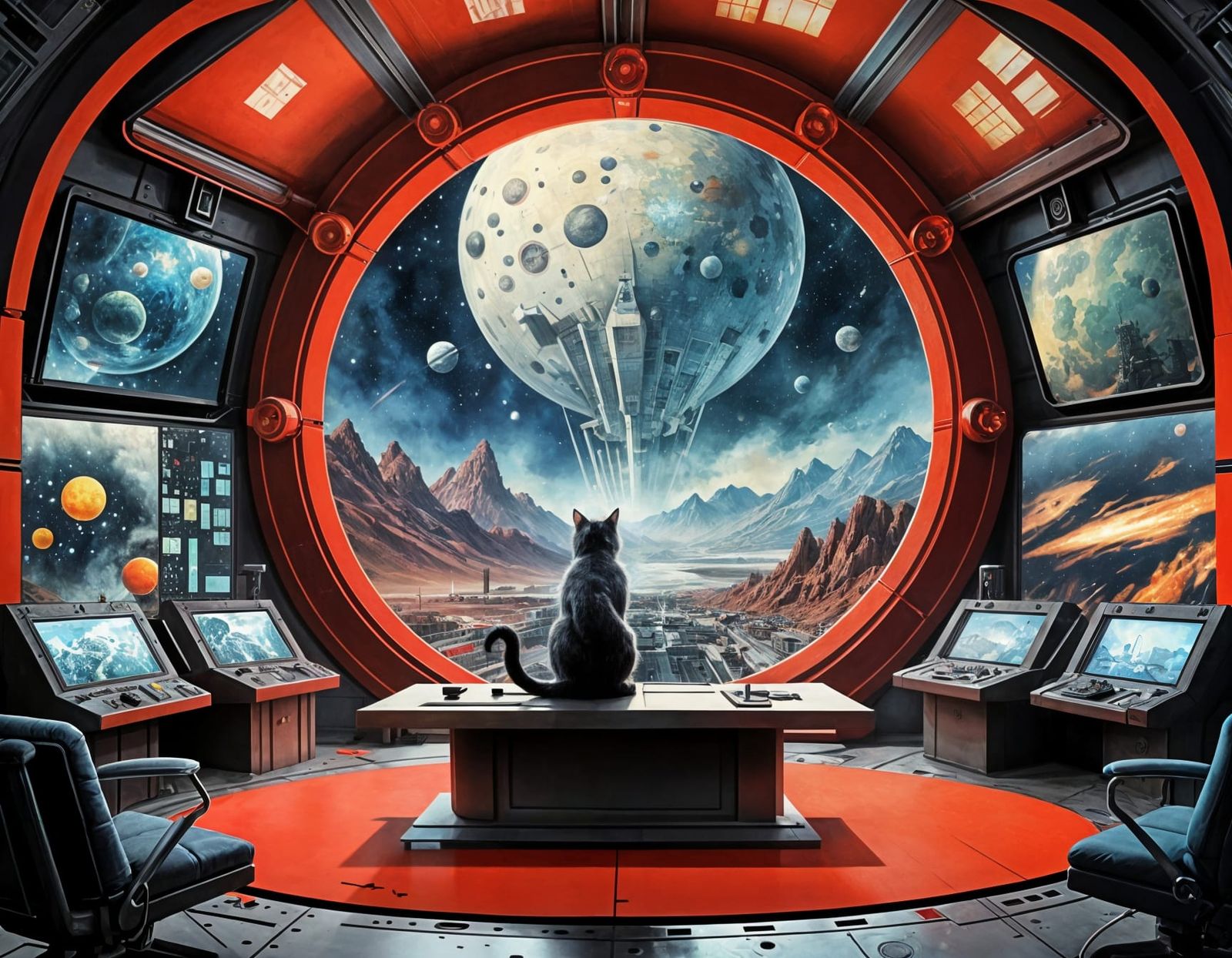 Cat in Futuristic Control Room Amidst Atomic Explosion