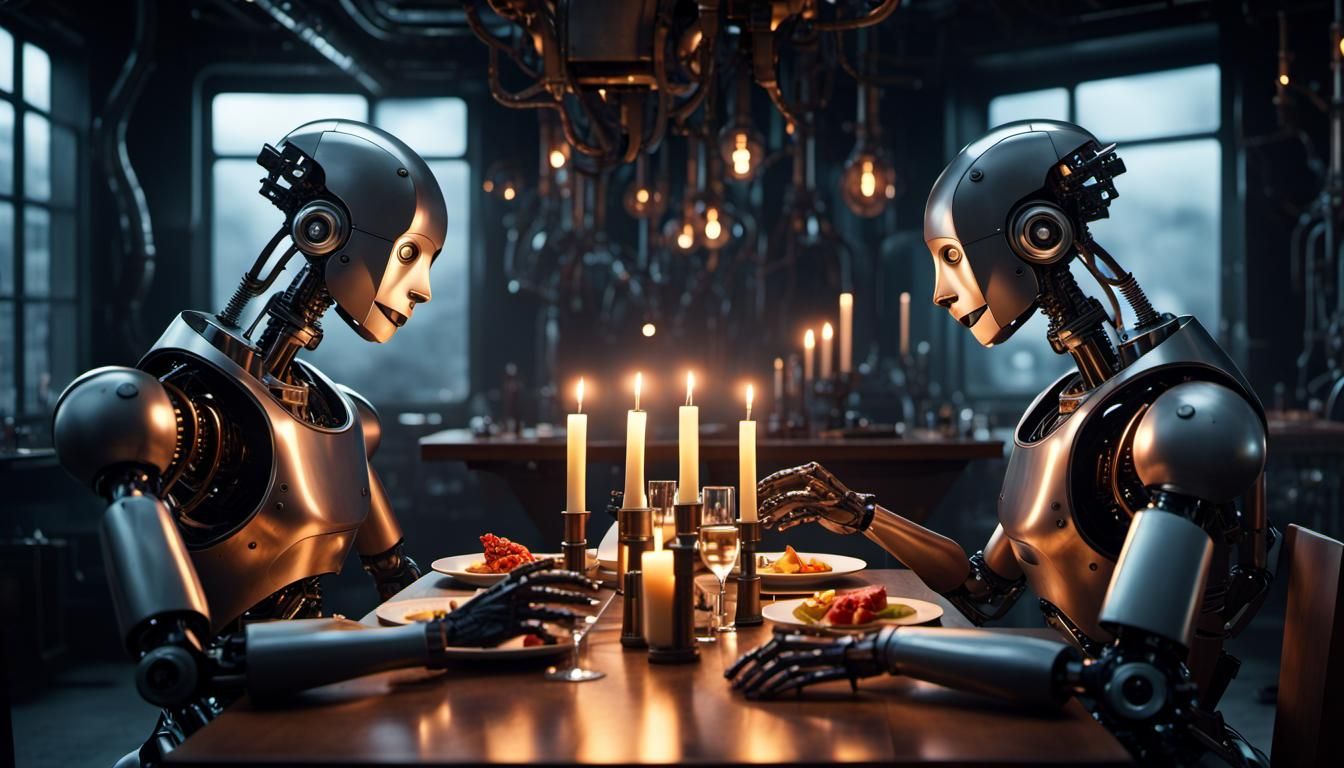 Robots' Romantic Dinner in Dystopian Sci-Fi Style