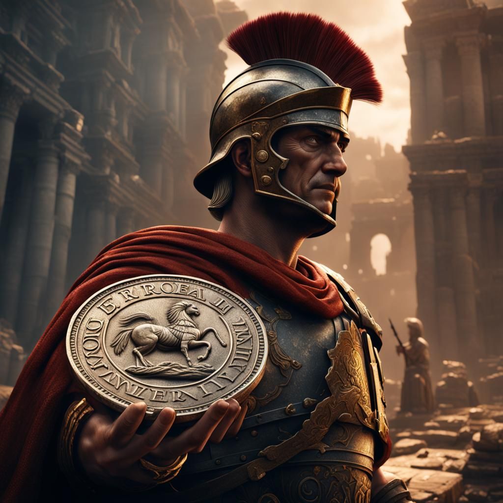 Roman Soldier Examines Ancient Coin: Digital Art
