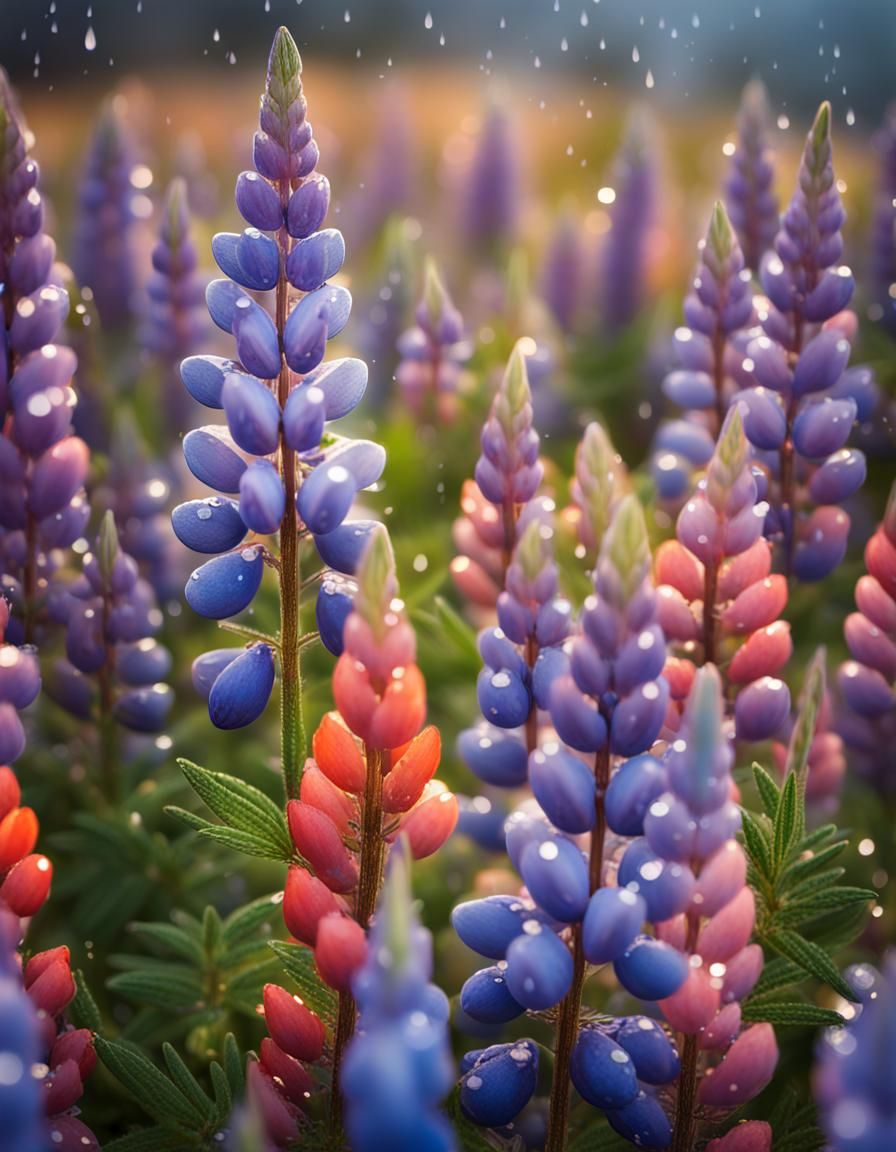 Hyperrealistic Lupine Patch with Sparkling Raindrops