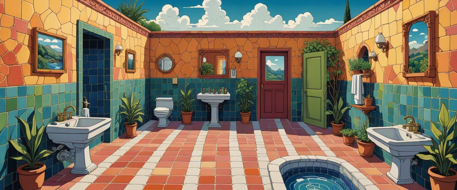Bathroom with Colorful Tiles in Comic Book Style