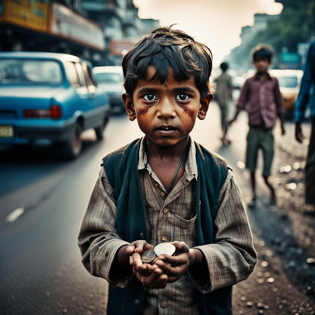 Neorealist Indian Child Begging in Traffic