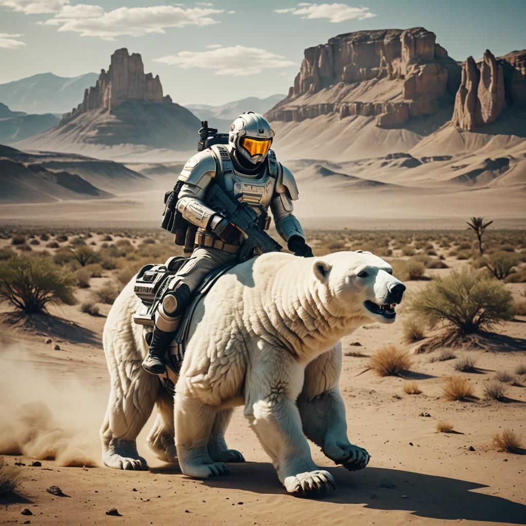 Futuristic Roman on Polar Bear in Desert