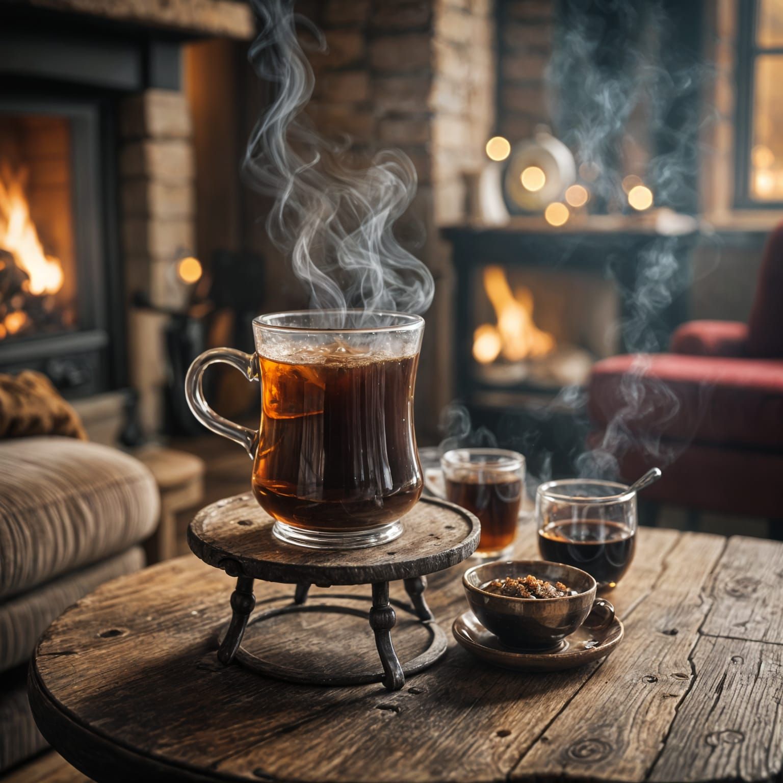 Cozy Tea Moment by Fireplace, Professional Photography