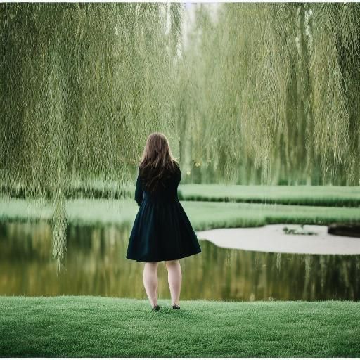 Wheeping willow lady standing on the East side of a pond. Professional photography, bokeh, natural lighting, canon lens,...