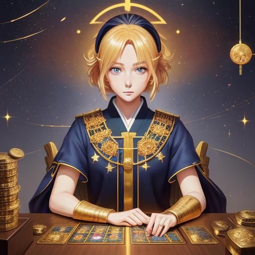 Anime Woman with Phoenix Tarot Cards in Golden Light