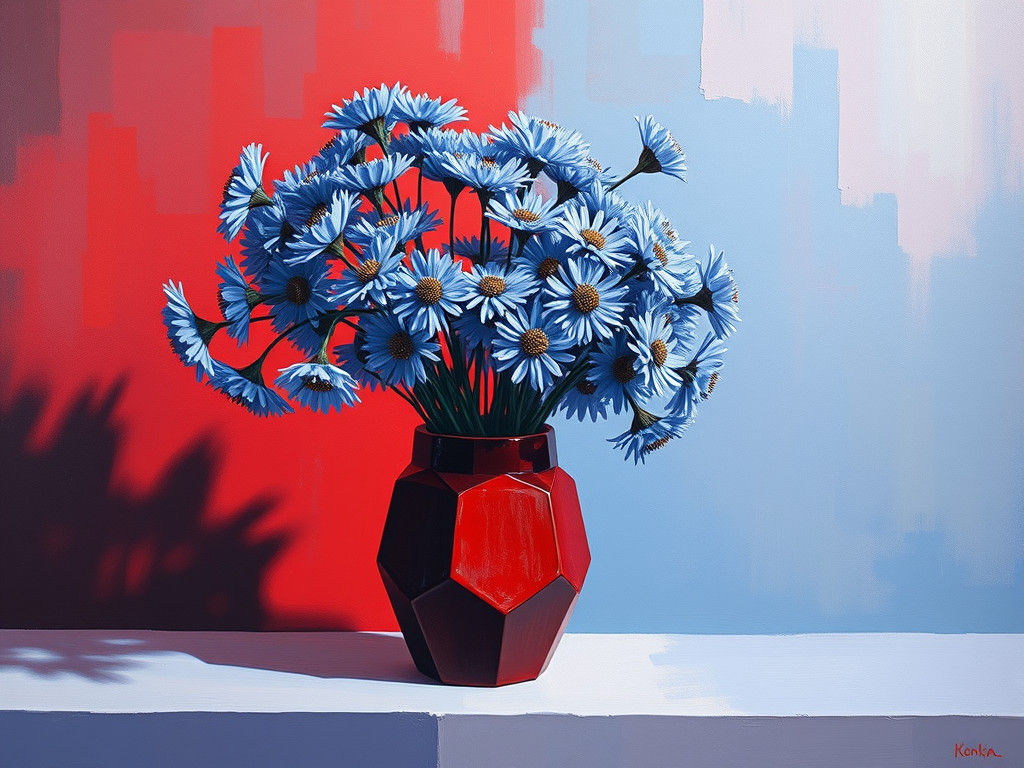 Blue Asters in Red Vase: Retrofuturist Oil Painting