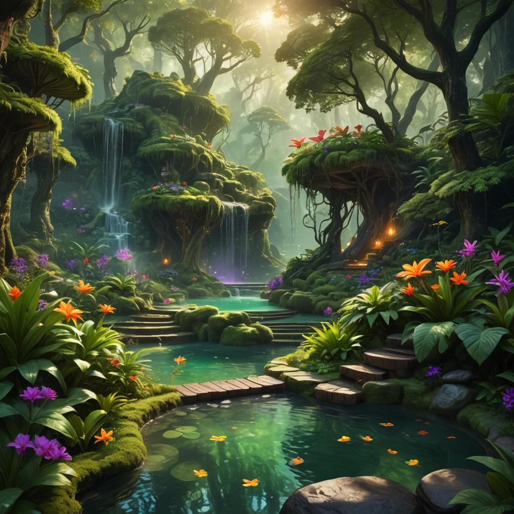 Lush Green Spa in Mystical Forest: Fantasy Art