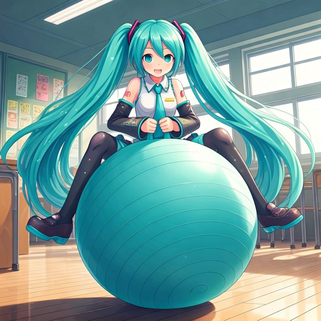Hatsune Miku Bouncing on Exercise Ball in Anime Style