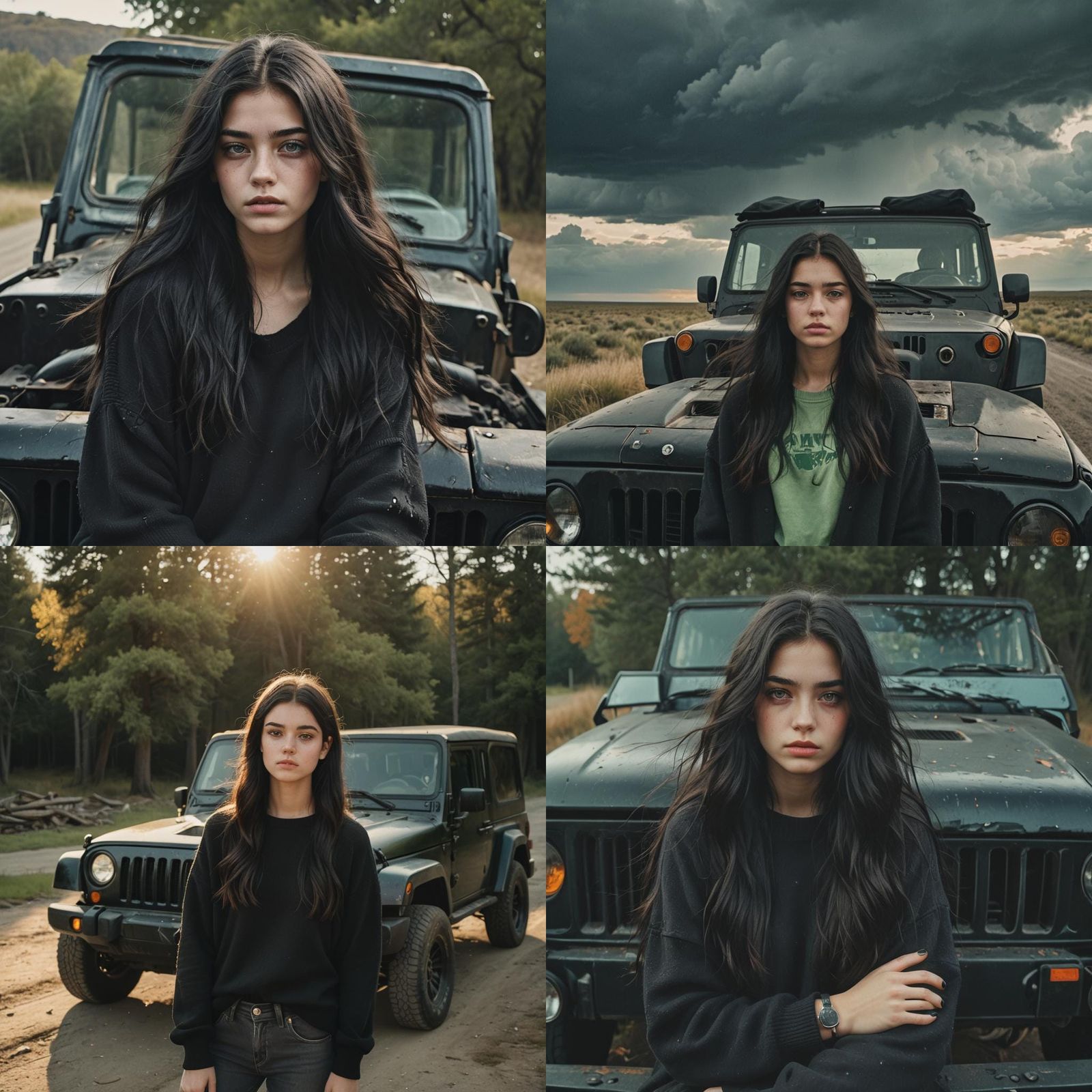 Young Woman with Black Jeep in Cinematic Style