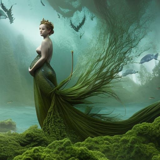 Pregnant Mermaid in Seaweed: Watercolour Digital Painting