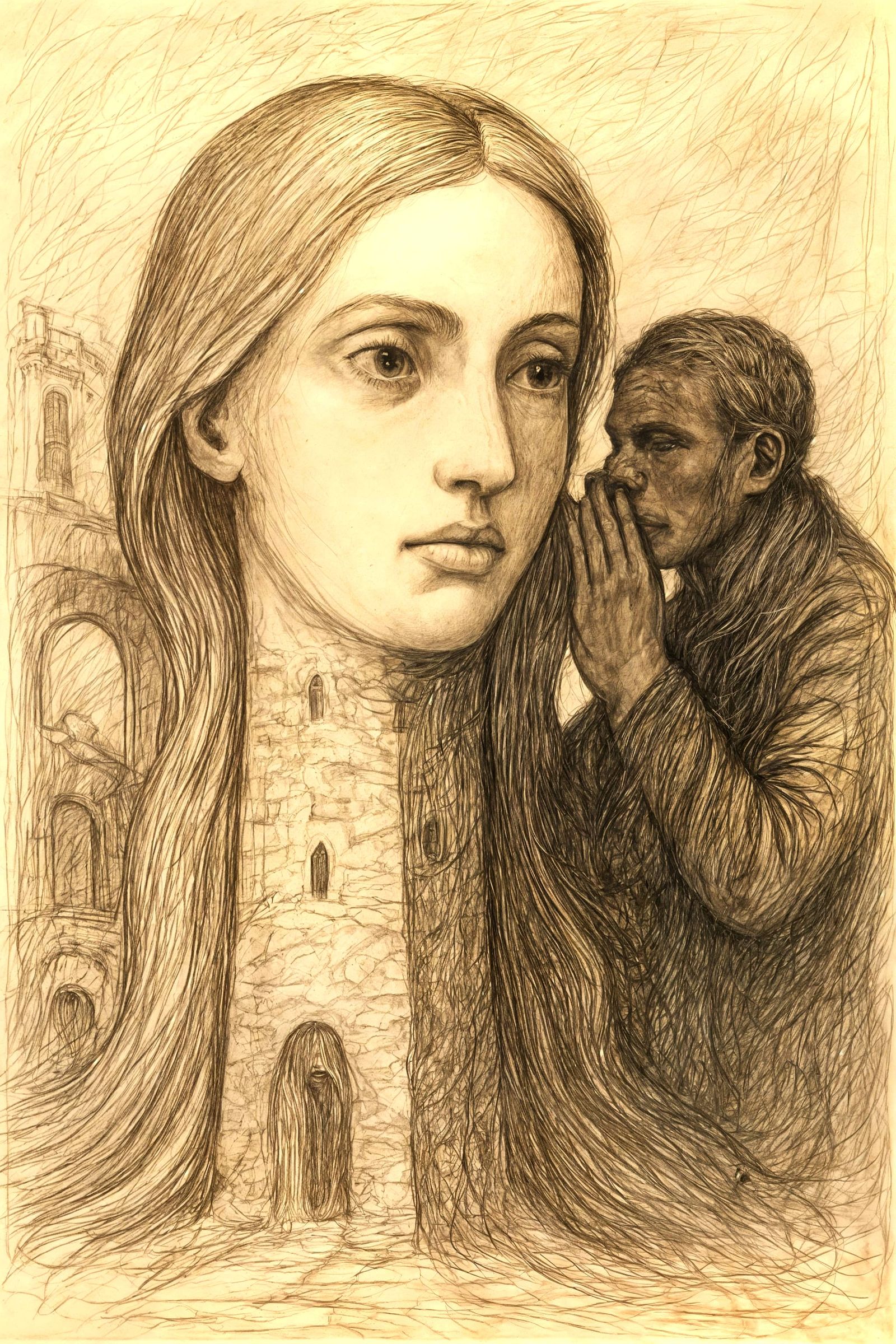 Surreal Sketch Art: Woman and Ancient Tower