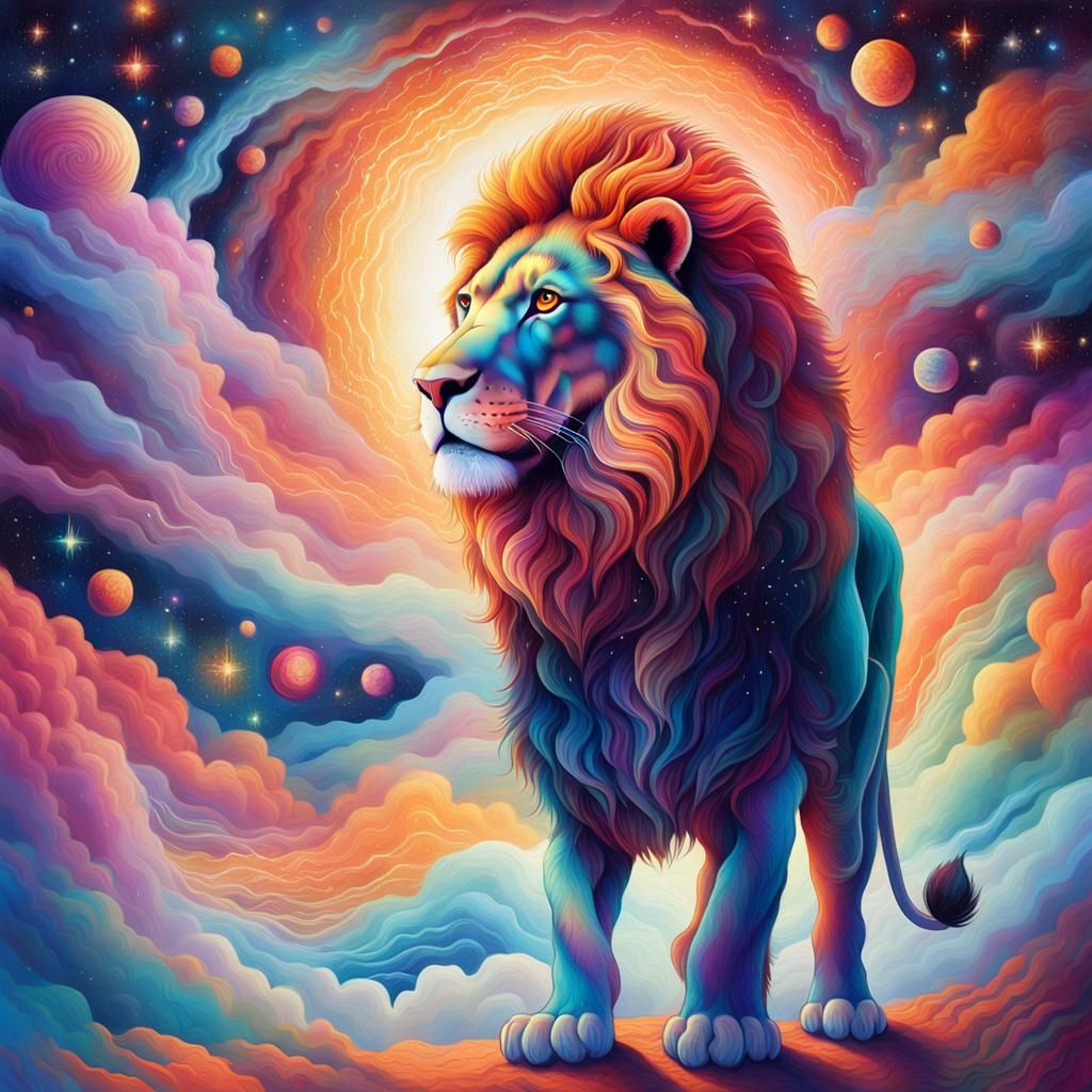 Lion in Iridescent Cosmic Landscape, Visionary Art