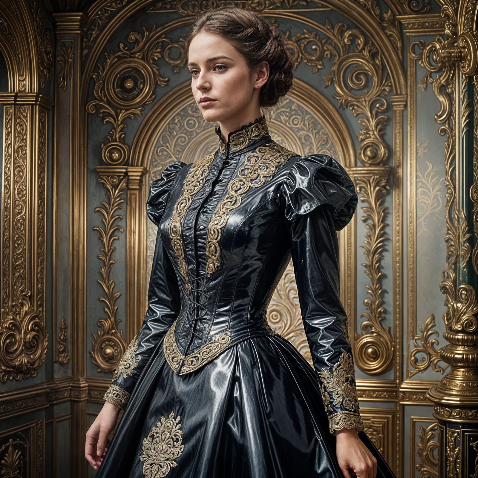 Stoic Victorian Woman in Shimmering Vinyl Dress