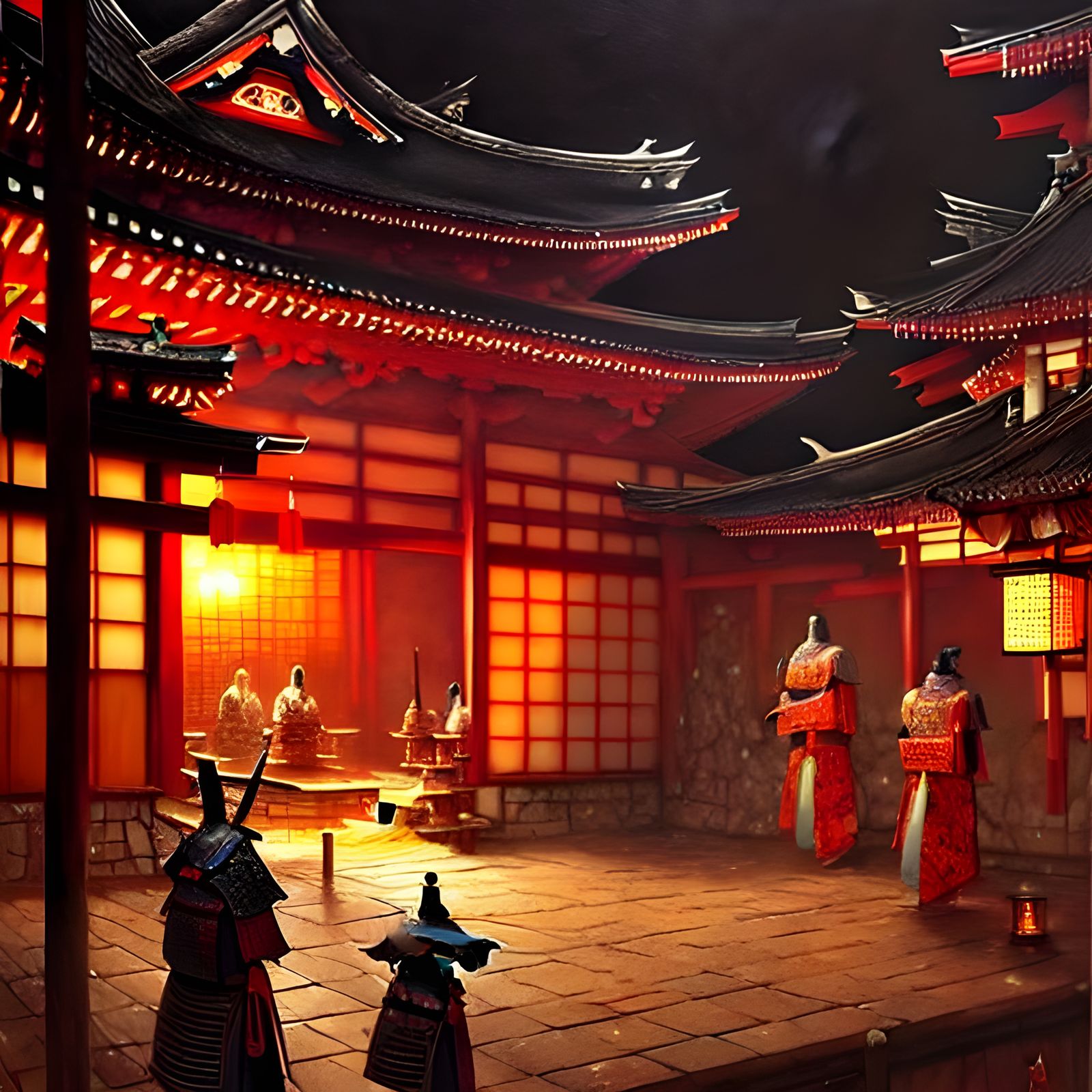 Medieval Japanese Samurai Cafe at Night