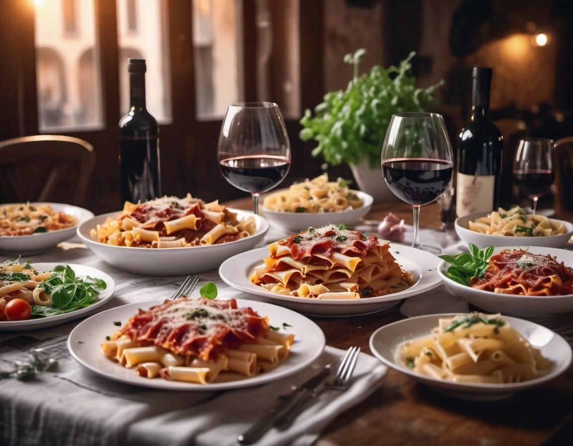 Italian Restaurant Table with Pasta Dishes