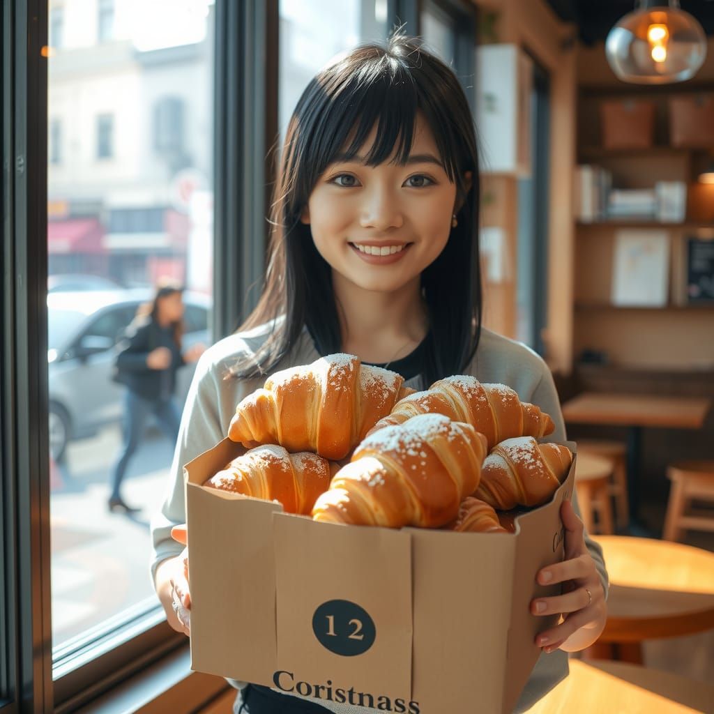Cozy Cafe Scene: Japanese Girl with Croissants