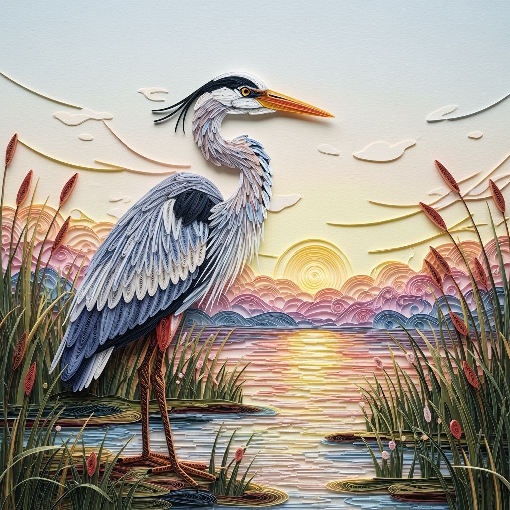 Quilled Heron in Wetland Landscape at Sunrise