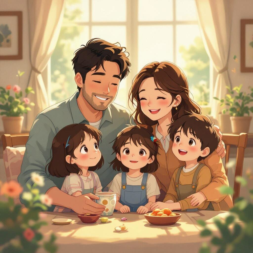 Ghibli Style Family Portrait in Warm Ethereal Light