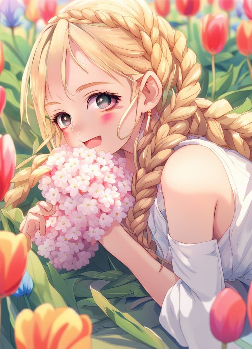 Anime Girl in Tulip Field