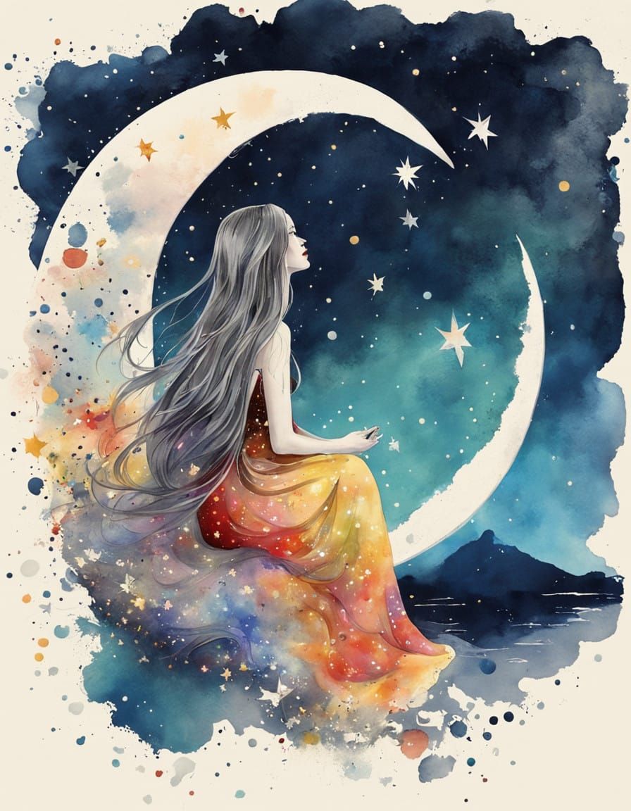 Woman Under a Vintage Moonlit Sky
