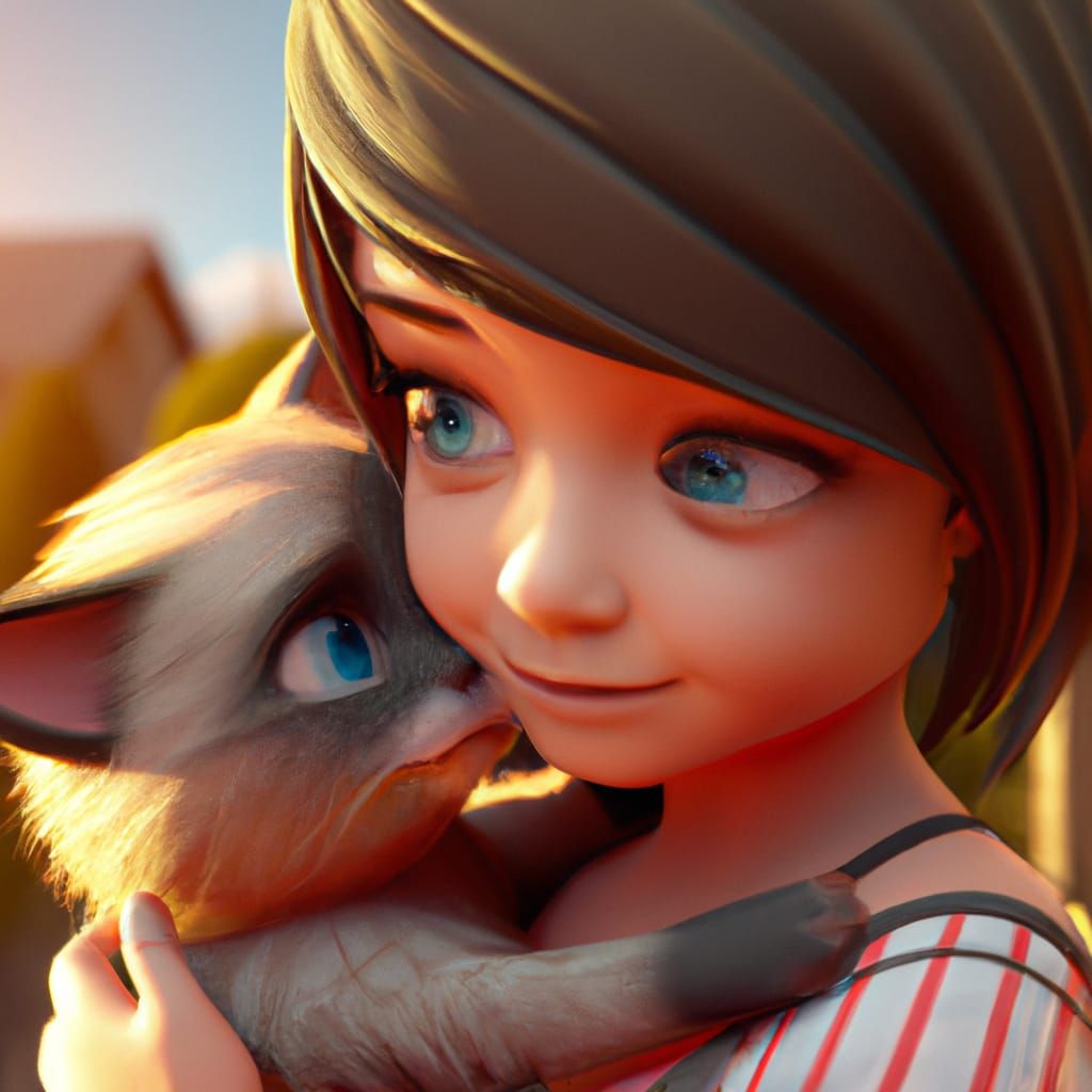 Girl Hugging Kitten: Detailed 3D Digital Art