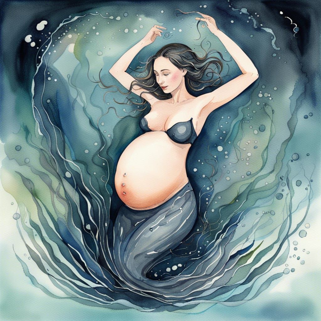 Joyful Pregnant Goddess Dancing Underwater Watercolor