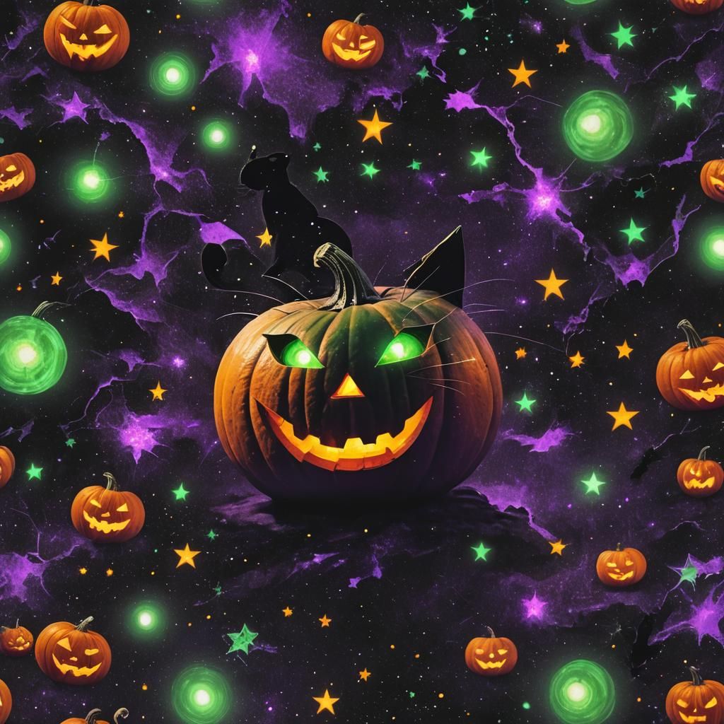 Halloween Pumpkin and Cat in Surreal Digital Art