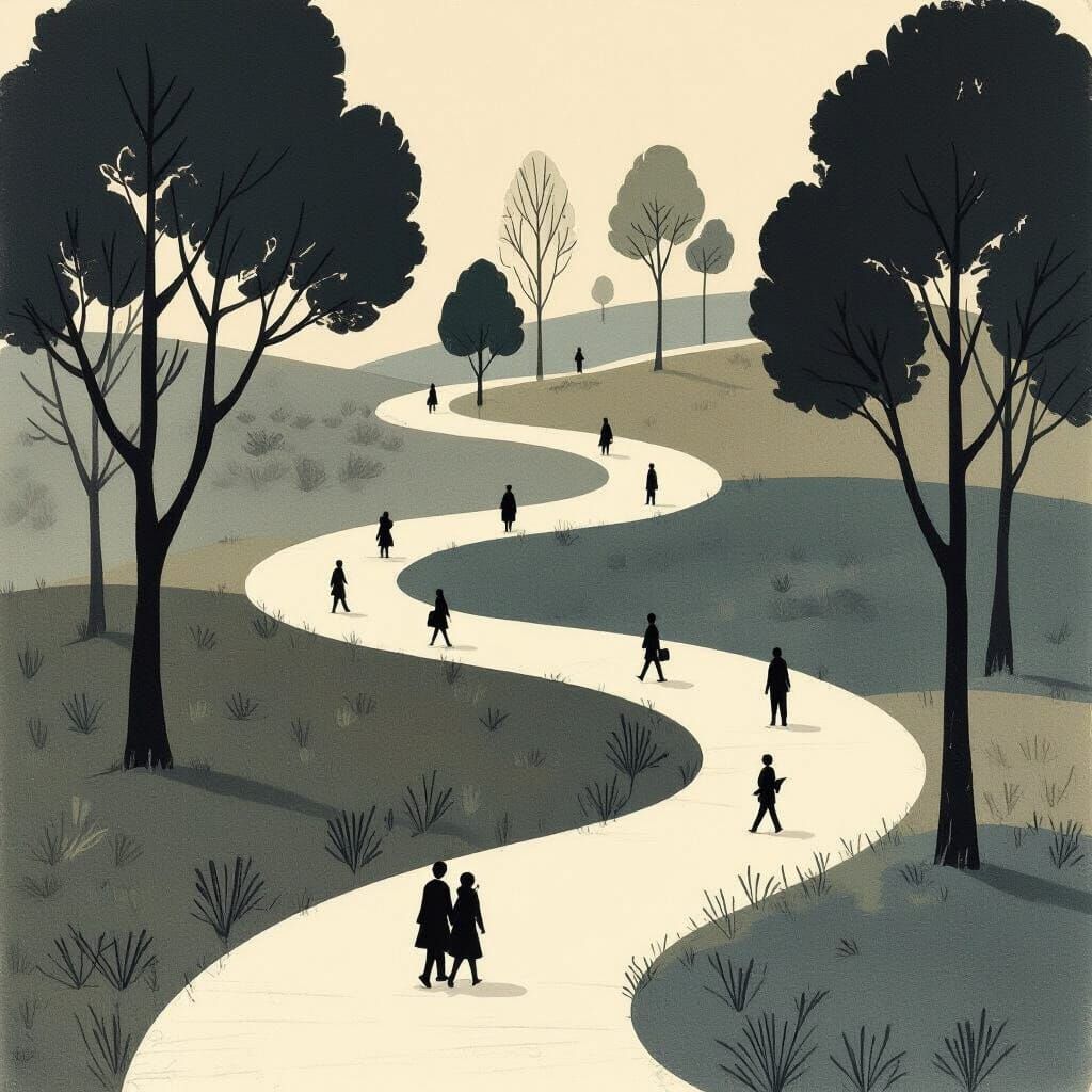 Minimalist Line Art of a Winding Path in Peri-Urban Area