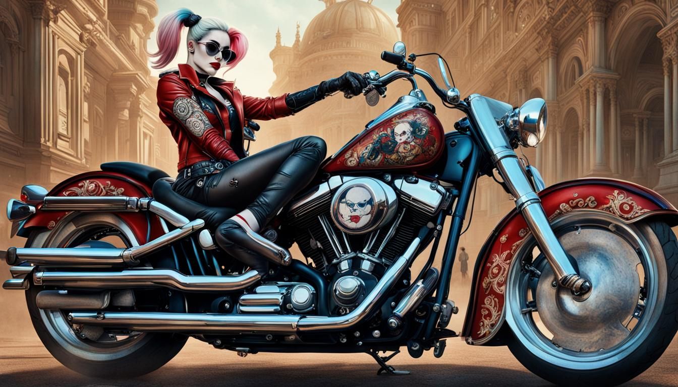 Harley Quinn on Motorcycle in Rococo Style