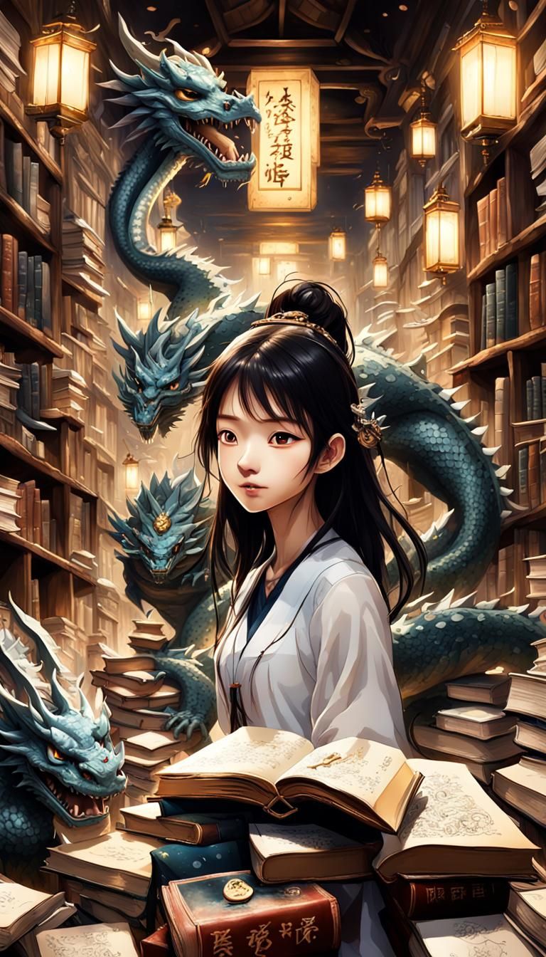 Cartoon Teen Girl Surrounded by Books and Dragons