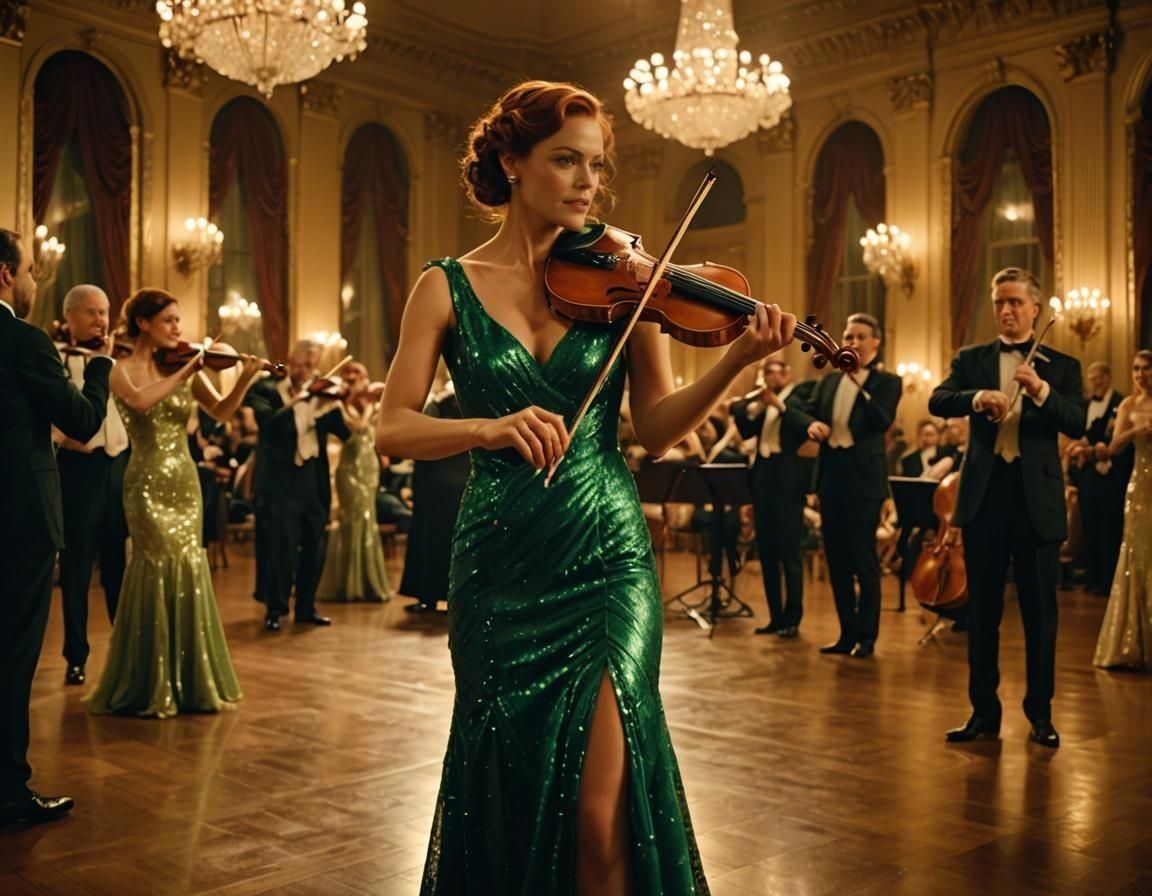 Elegant Violinist in Grand Ballroom, Old Hollywood Style