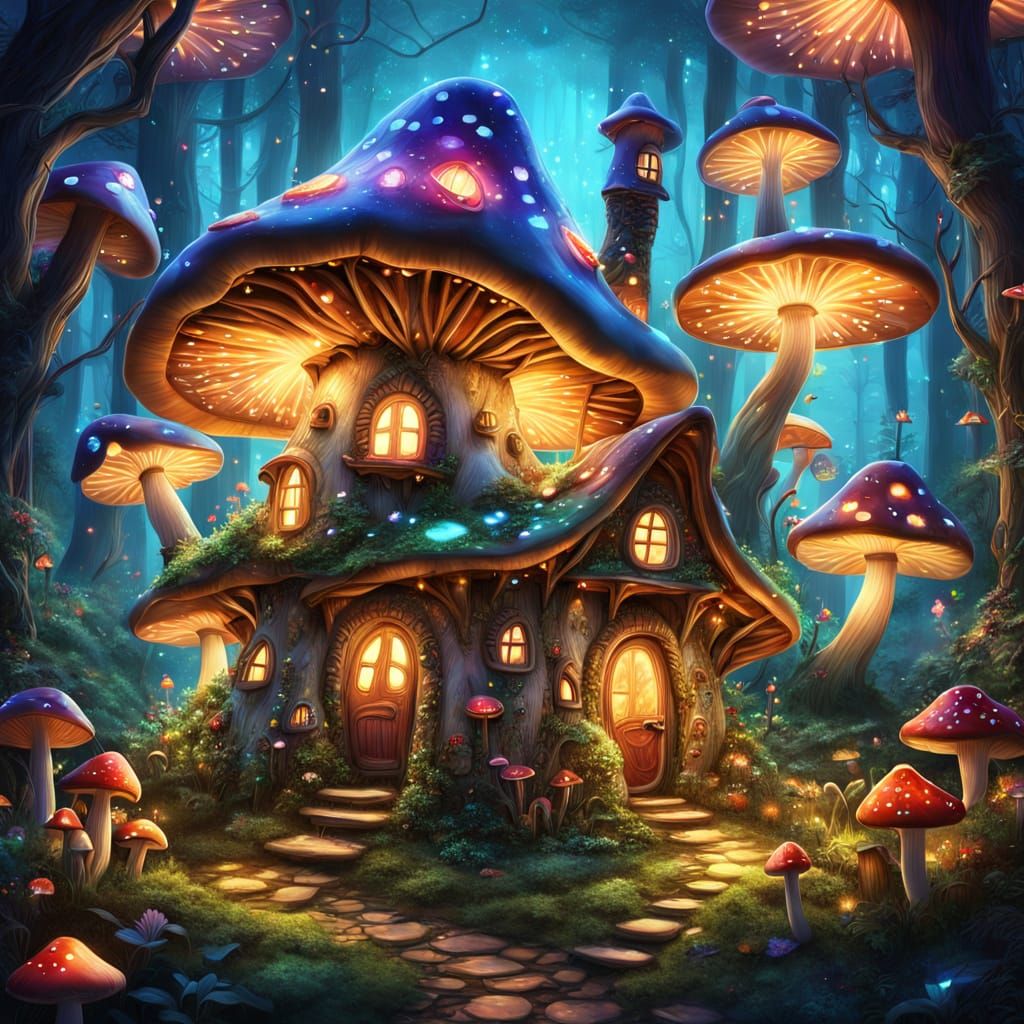 Whimsical Mushroom House in a Mystical Forest