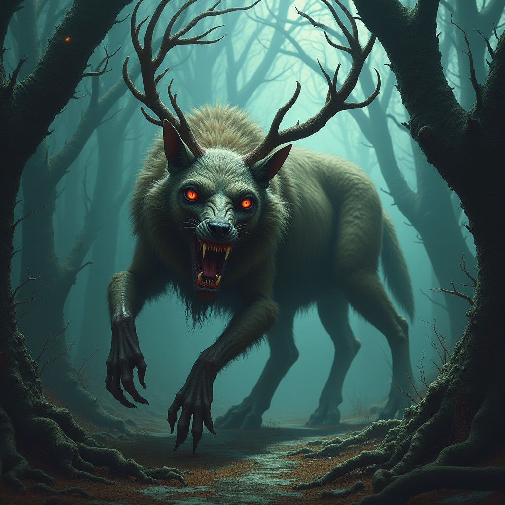 Zombie Creature in Dark Forest, Macabre Art