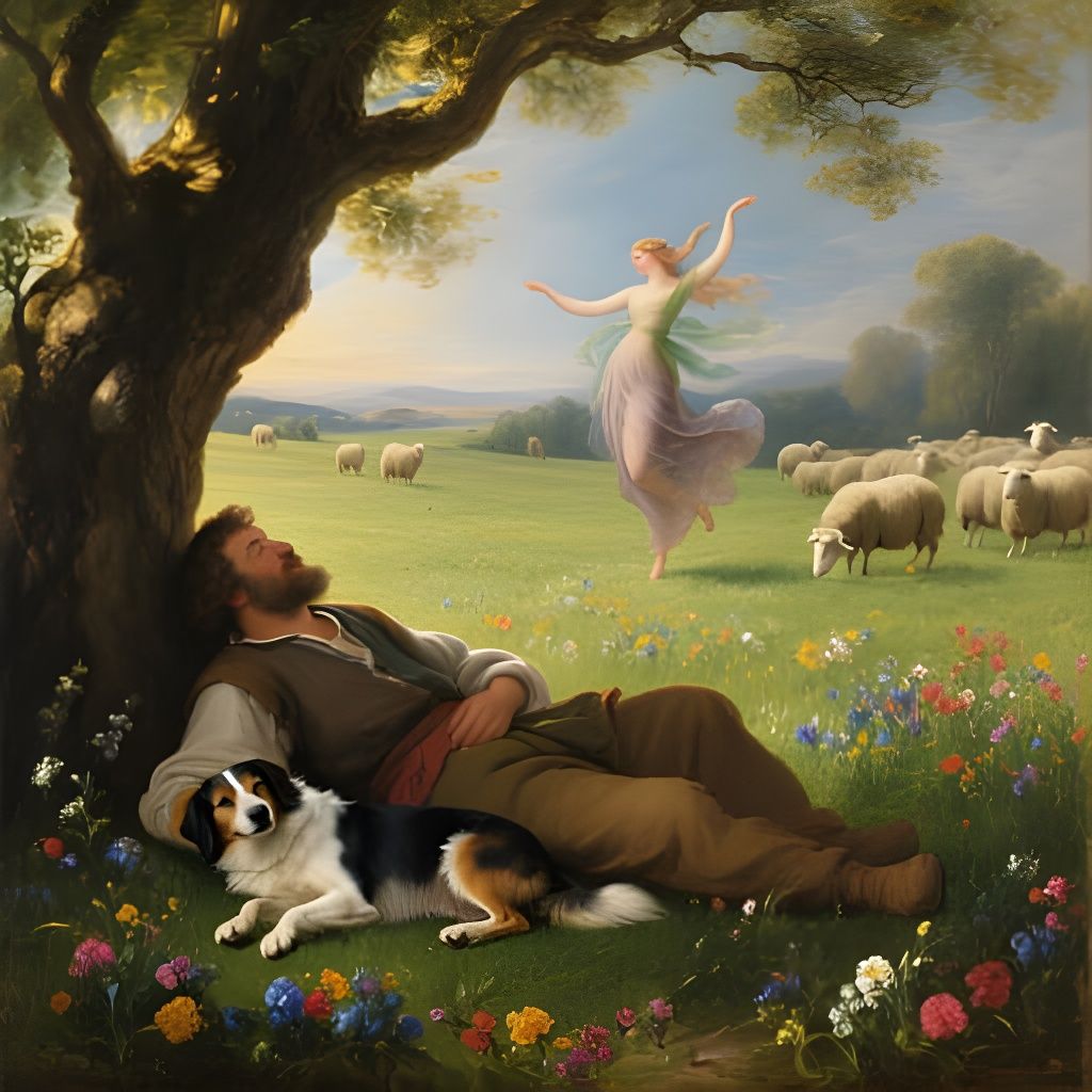 Baroque Oil Painting of Shepherd Dreaming of a Wood Nymph