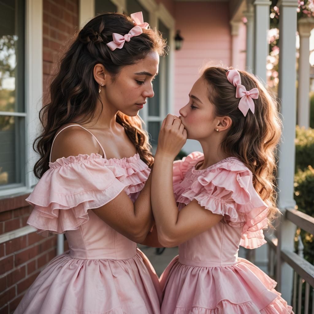 Romantic Girl Kisses Boy's Hand in Pink Dress