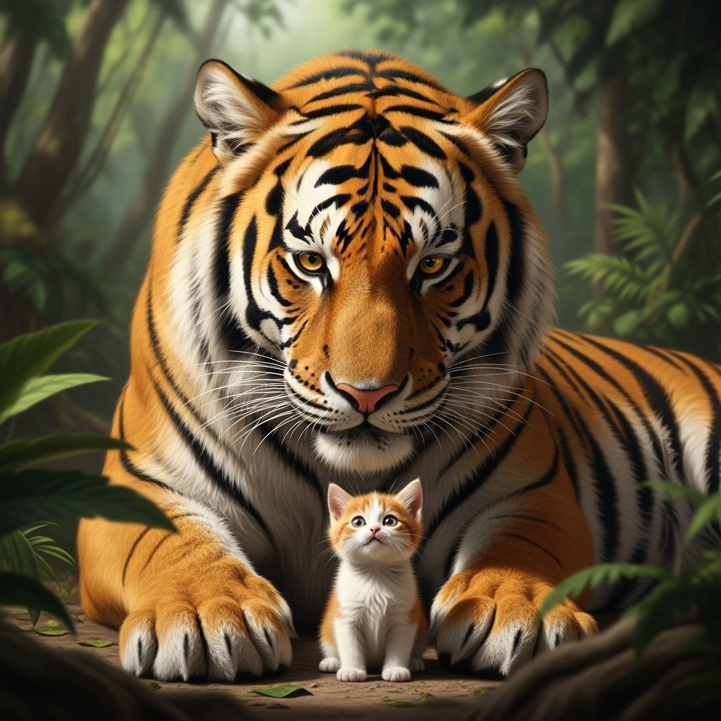 Giant Tiger and Tiny Kitten in Lush Jungle