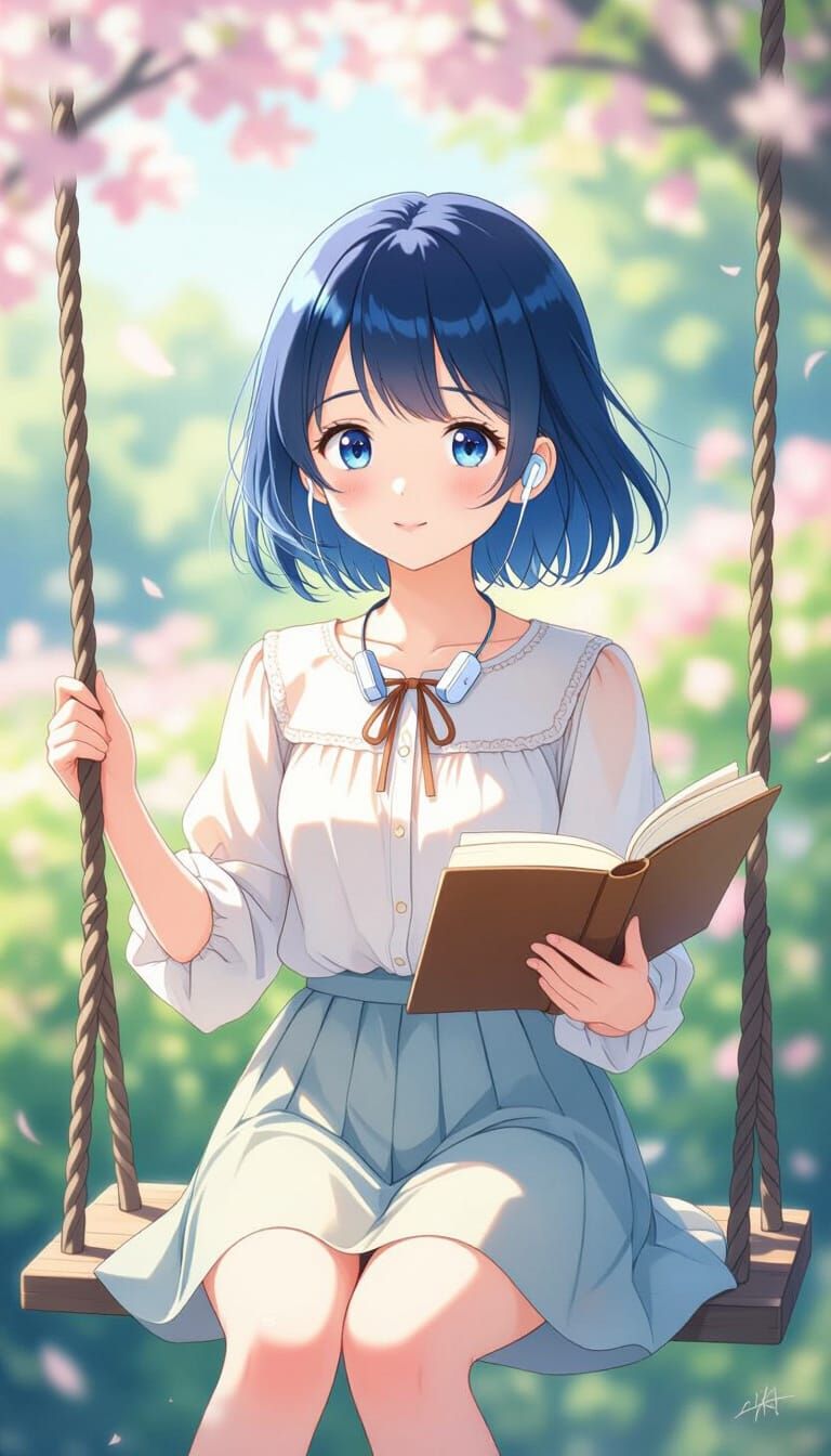 Anime Girl on Swing with Book in Watercolor Style