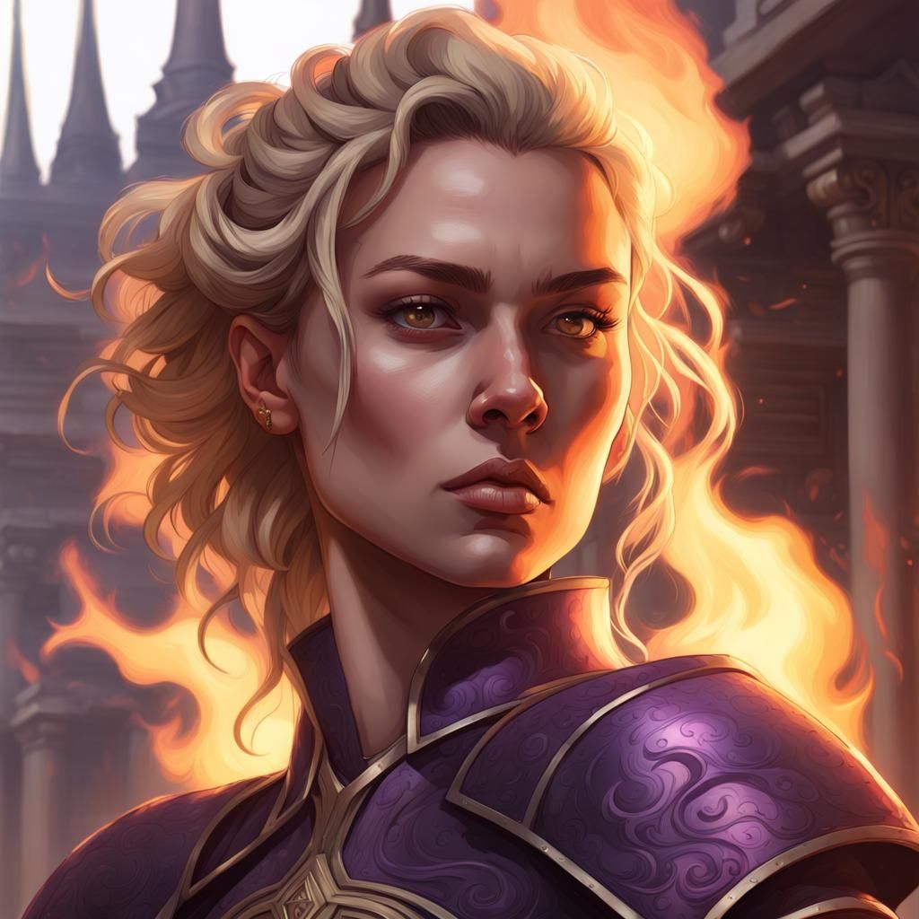Determined Woman in Armor Before Burning Temple