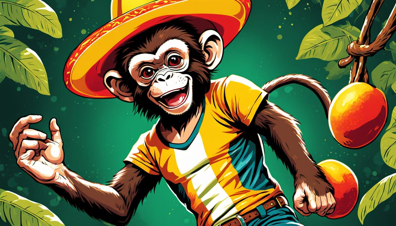 Monkey in Sombrero: Comic Book Style Jungle Scene